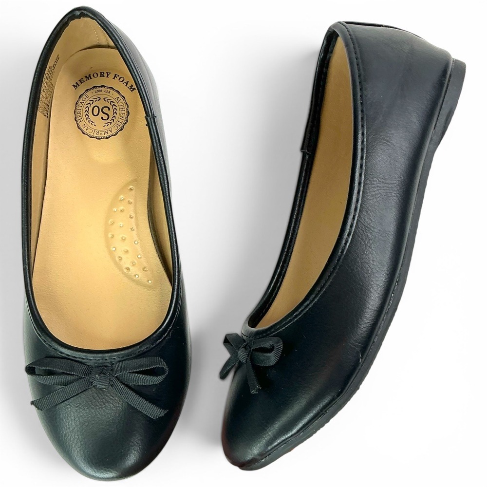 SO Black Ballet Flats Girls Size 1 Memory Foam Bow Detail Classic Dress Shoes